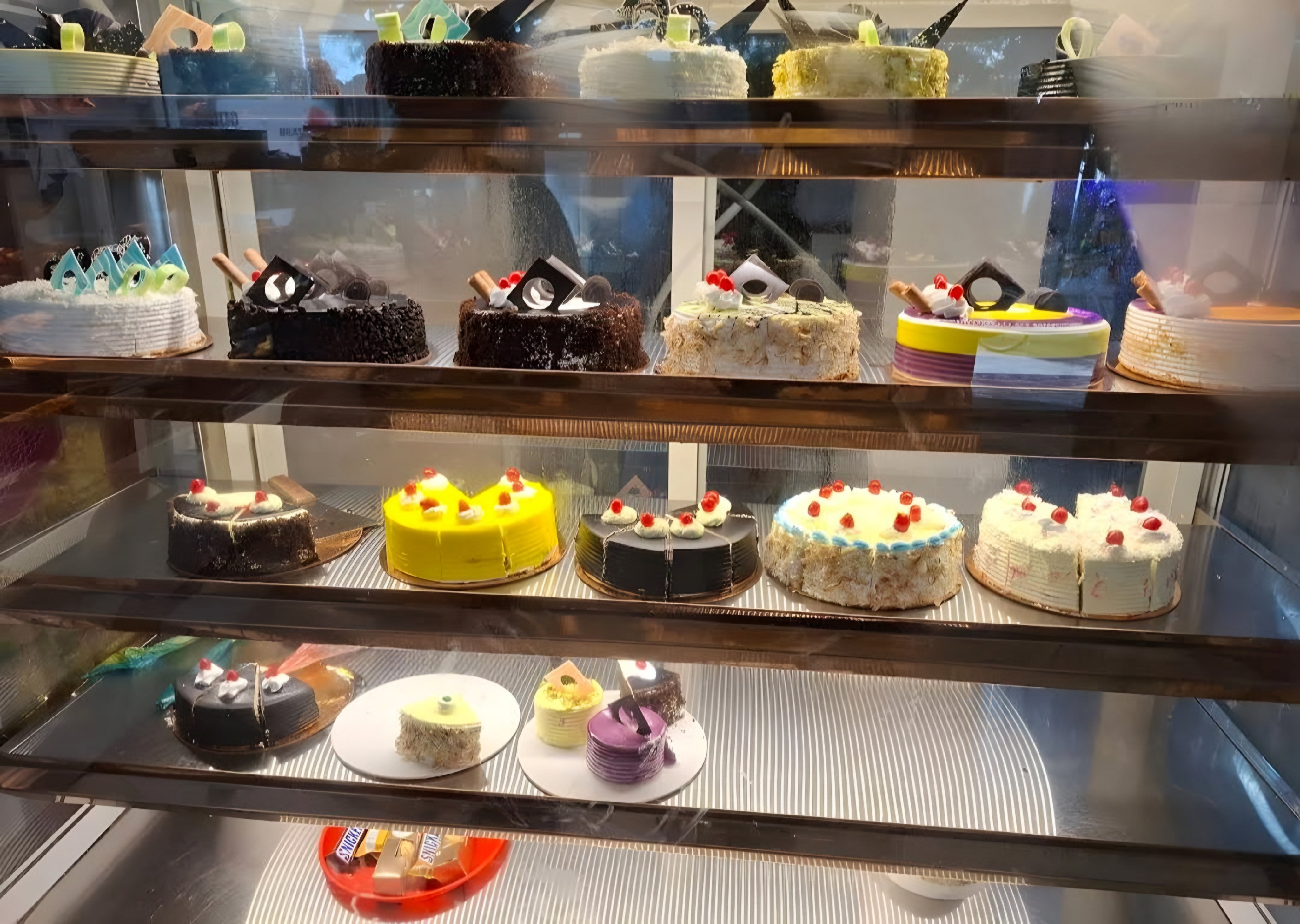 Fresh cakes — Blackforest, Butterscotch, Pineapple, Chocolate on display